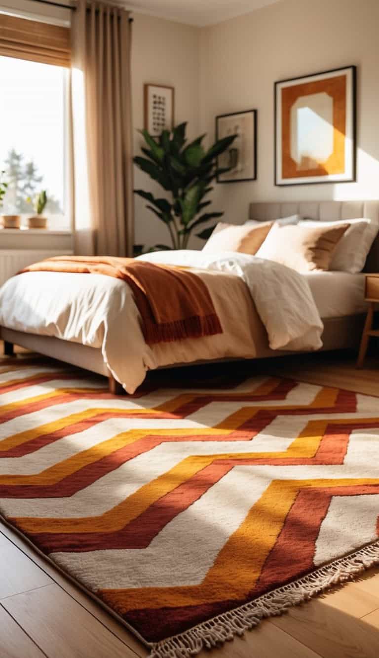 A cozy bedroom featuring a large bed with white bedding and a warm-colored throw blanket. The floor is adorned with a chevron-patterned rug in shades of orange, yellow, and burgundy. Sunlight streams through a window with beige curtains, illuminating a green plant beside the bed and framed artwork on the walls.