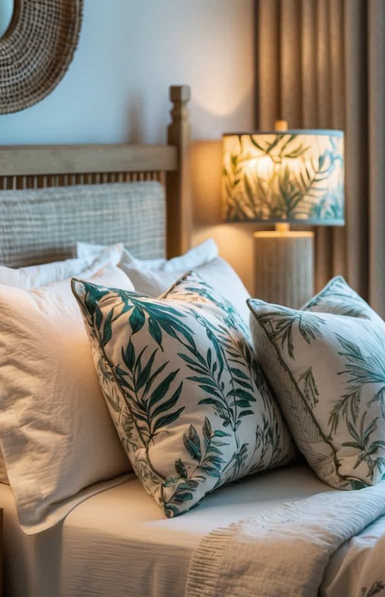 A cozy bedroom scene featuring a wooden bed with decorative pillows in leafy patterns, a white quilt, and a lamp with a similar foliage design, all set against a backdrop of soft curtains and soft ambient lighting.