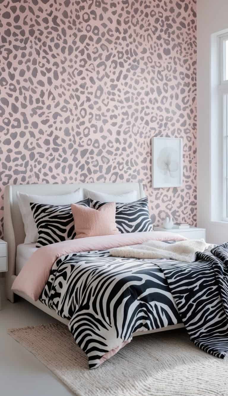 A stylish bedroom featuring a pink leopard print accent wall, a white bed with zebra-striped bedding, matching cushions, and a soft beige throw blanket. A piece of wall art and a bedside table with a decorative item are visible.