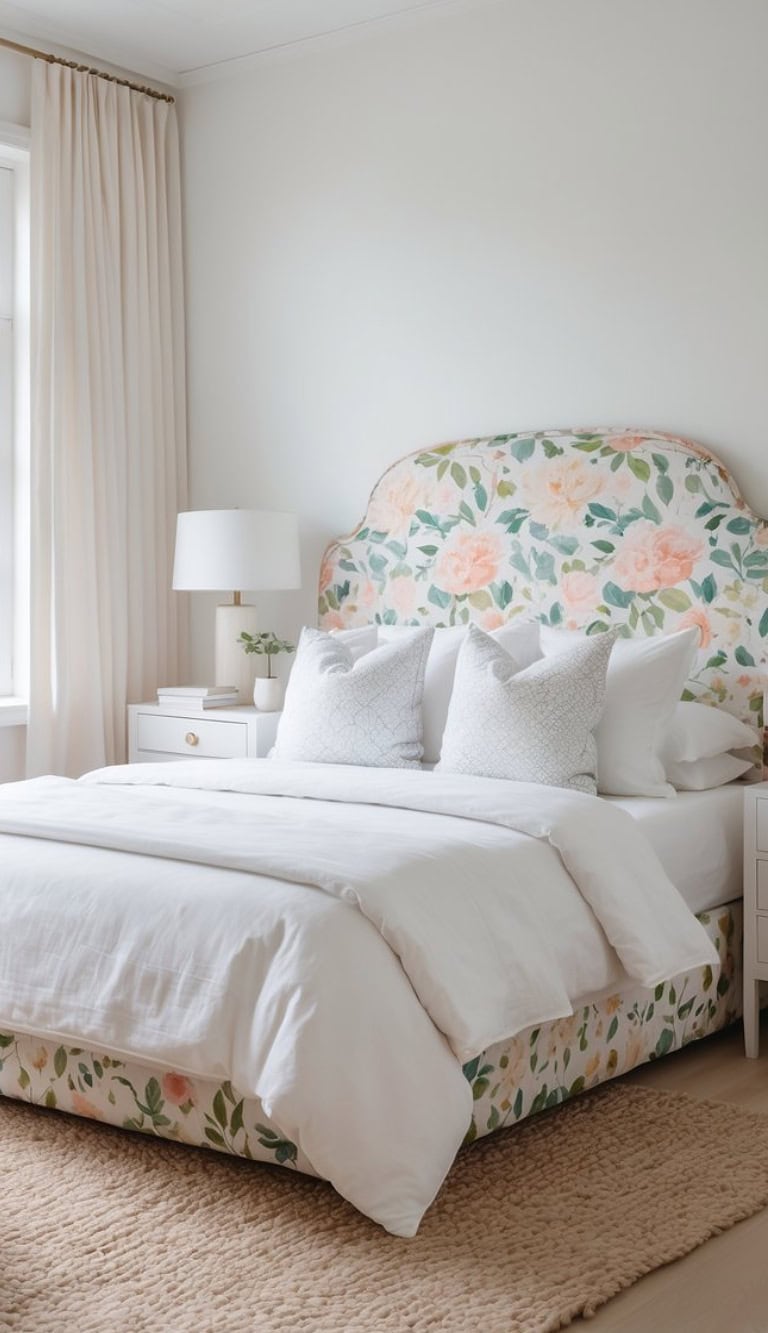 A cozy bedroom featuring a floral headboard with pastel-colored flowers, a white duvet and pillows, a bedside table with a lamp and a small plant, and soft curtains, all against a light-colored wall.