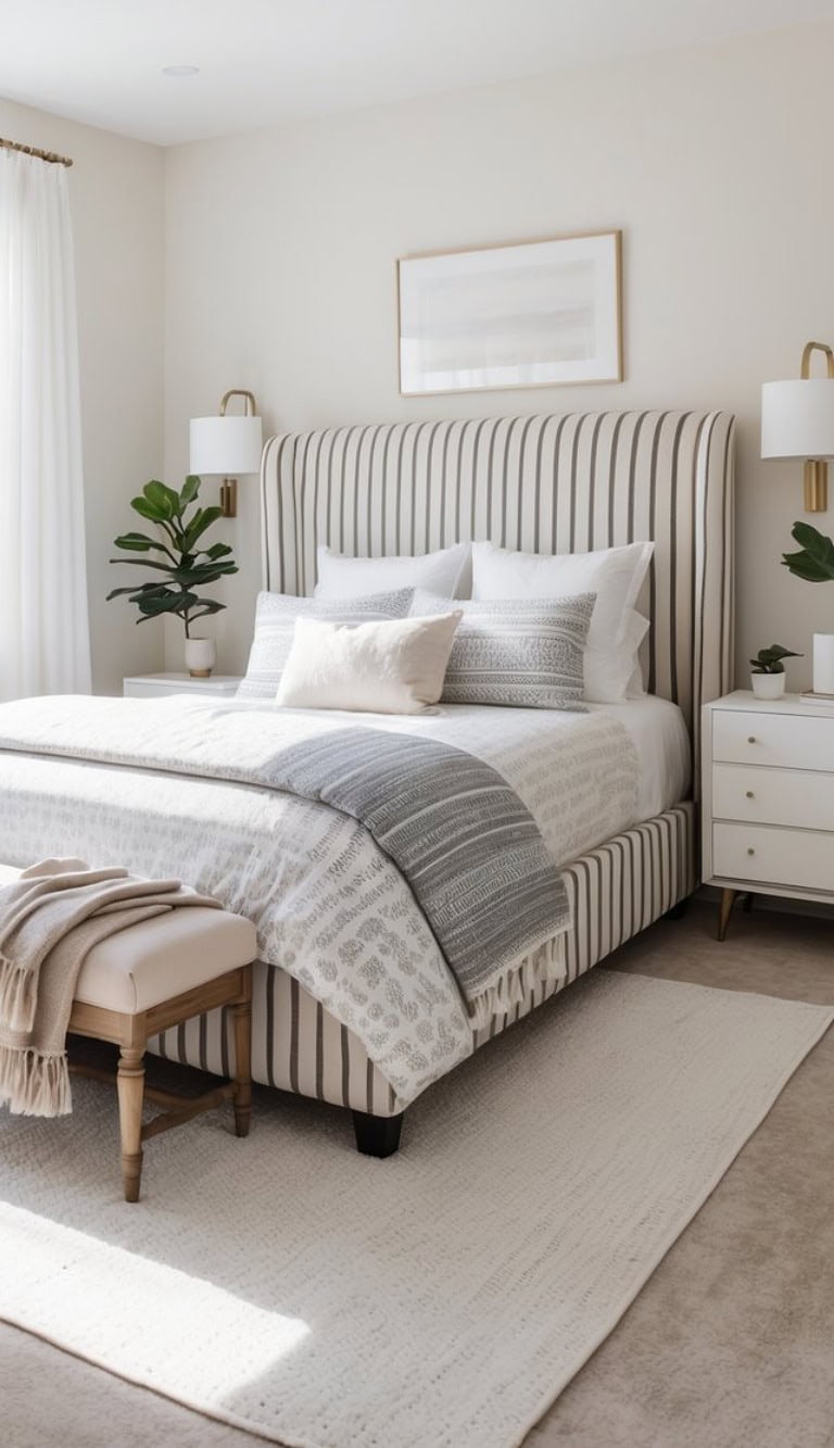 A stylish bedroom featuring a striped upholstered bed with white and gray bedding, flanked by modern bedside lamps and a small potted plant. A light-colored bench is positioned at the foot of the bed, and a textured area rug enhances the cozy atmosphere.