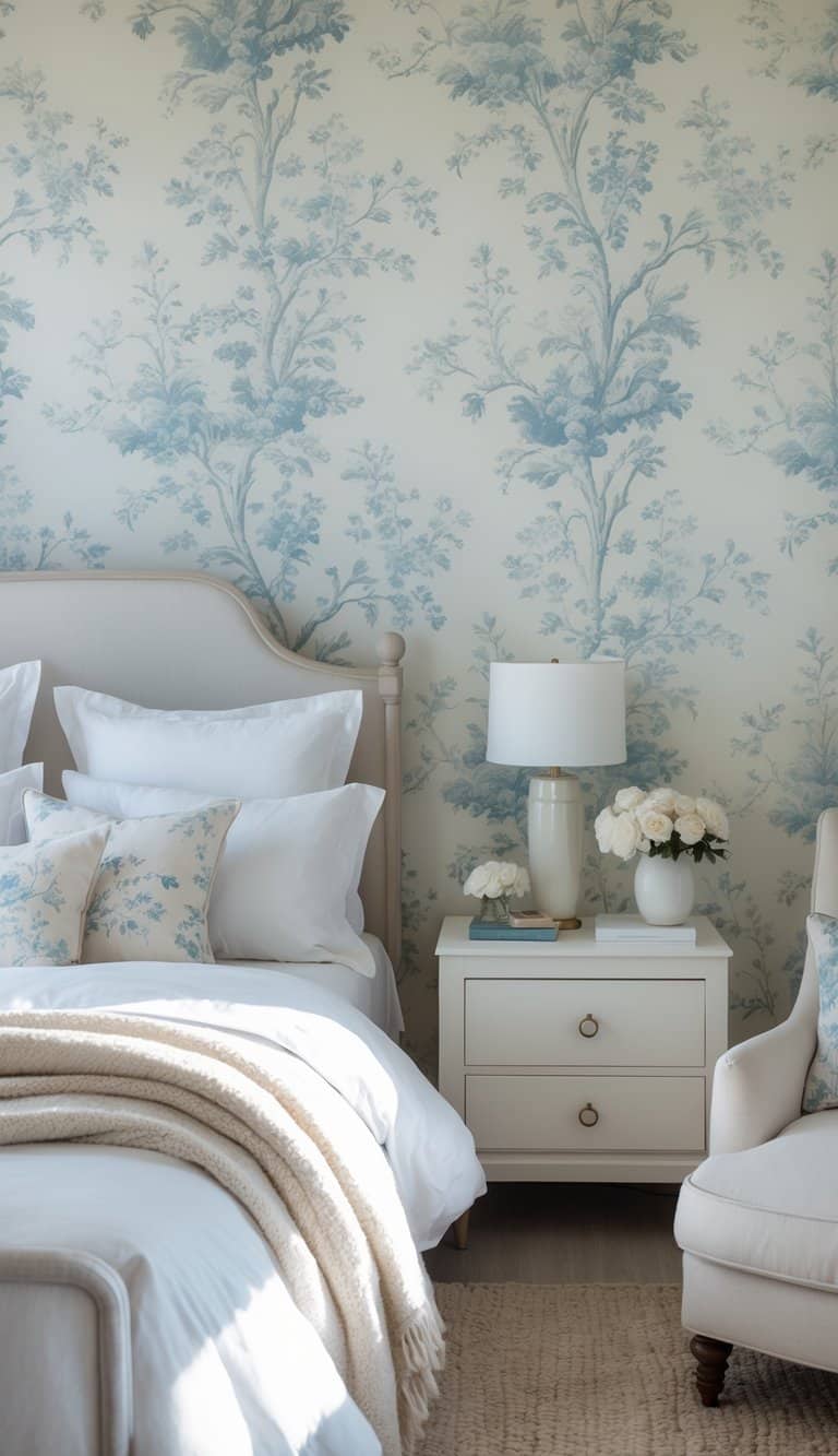 A cozy bedroom featuring a bed with white bedding and blue floral accent pillows, next to a white nightstand holding a lamp and a vase of flowers, against a light blue floral wallpaper.