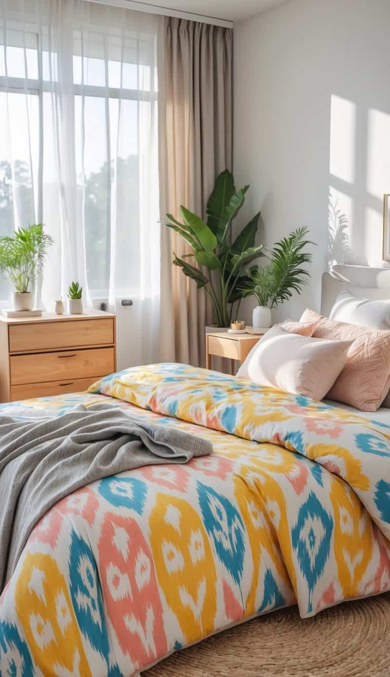 A bright and cozy bedroom featuring a colorful patterned duvet cover in blue, pink, and yellow, with a gray throw blanket casually draped over the bed. The room is filled with natural light, showcasing large windows with sheer curtains, potted plants, and wooden furniture, creating a fresh and inviting atmosphere.