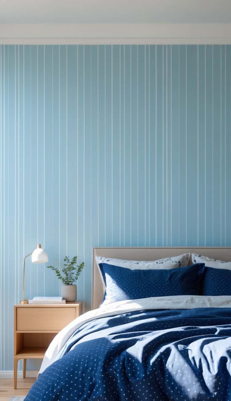 A cozy bedroom featuring a blue striped wall, a neatly made bed with navy blue bedding adorned with white polka dots, and a bedside table with a lamp and a small potted plant.