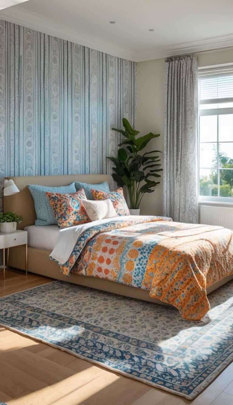 A bright and stylish bedroom featuring a tan upholstered bed with a colorful quilt adorned with floral patterns in orange and blue. There are several decorative pillows on the bed, a small white bedside table with a green plant, and a floor lamp. The room has light wooden flooring, patterned curtains, and a large window with natural light streaming in. A green plant is placed beside the bed, and the wall is decorated with vertical striped wallpaper.