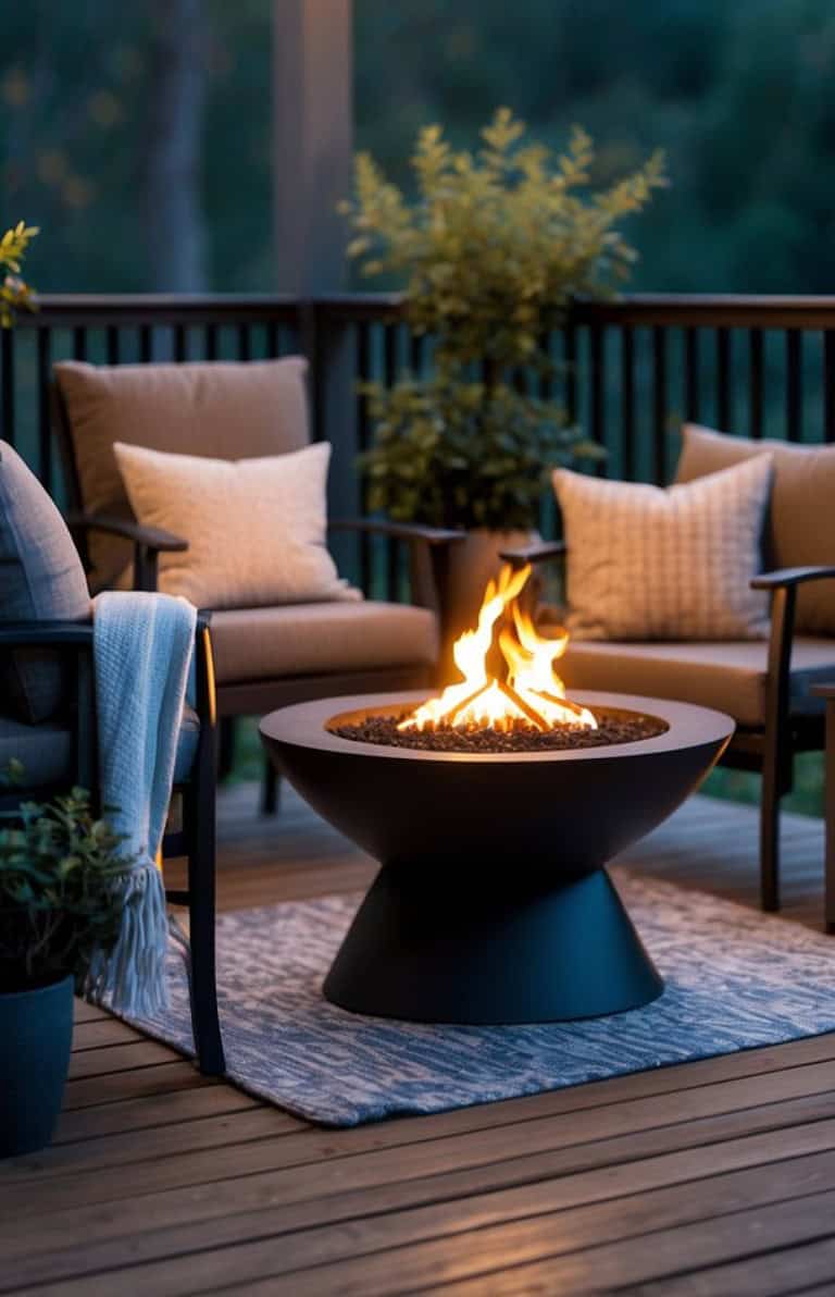 A cozy outdoor seating area featuring a modern black fire pit surrounded by two armchairs with cushions, a soft throw blanket draped over one chair, a decorative rug on a wooden deck, and a potted plant in the background.