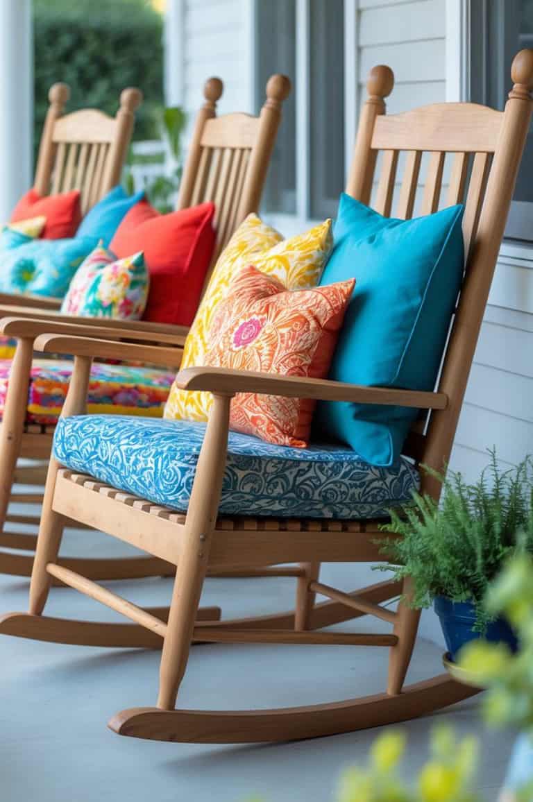 A row of three wooden rocking chairs on a porch, each adorned with colorful pillows in vibrant hues of red, orange, yellow, and blue, set against a background of greenery and a potted plant.