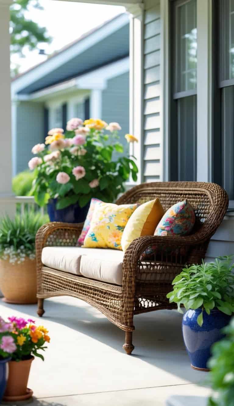 A cozy wicker sofa adorned with colorful pillows sits on a porch surrounded by vibrant flowering plants in blue and terracotta pots, with a charming house visible in the background.