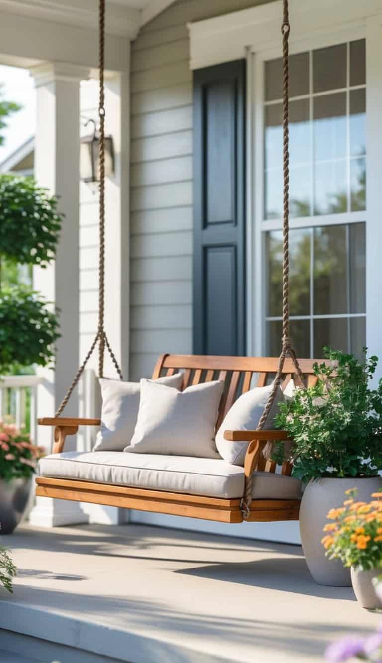 A wooden swing bench with cushions, suspended by ropes, is positioned on a covered porch. Surrounding it are potted plants, including blooms in vibrant colors, against a backdrop of a light-colored house with a dark window frame.