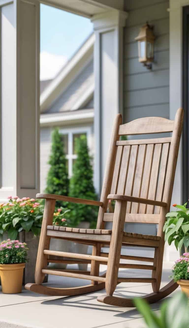 A wooden rocking chair on a front porch, surrounded by potted flowers and greenery, with a house visible in the background.
