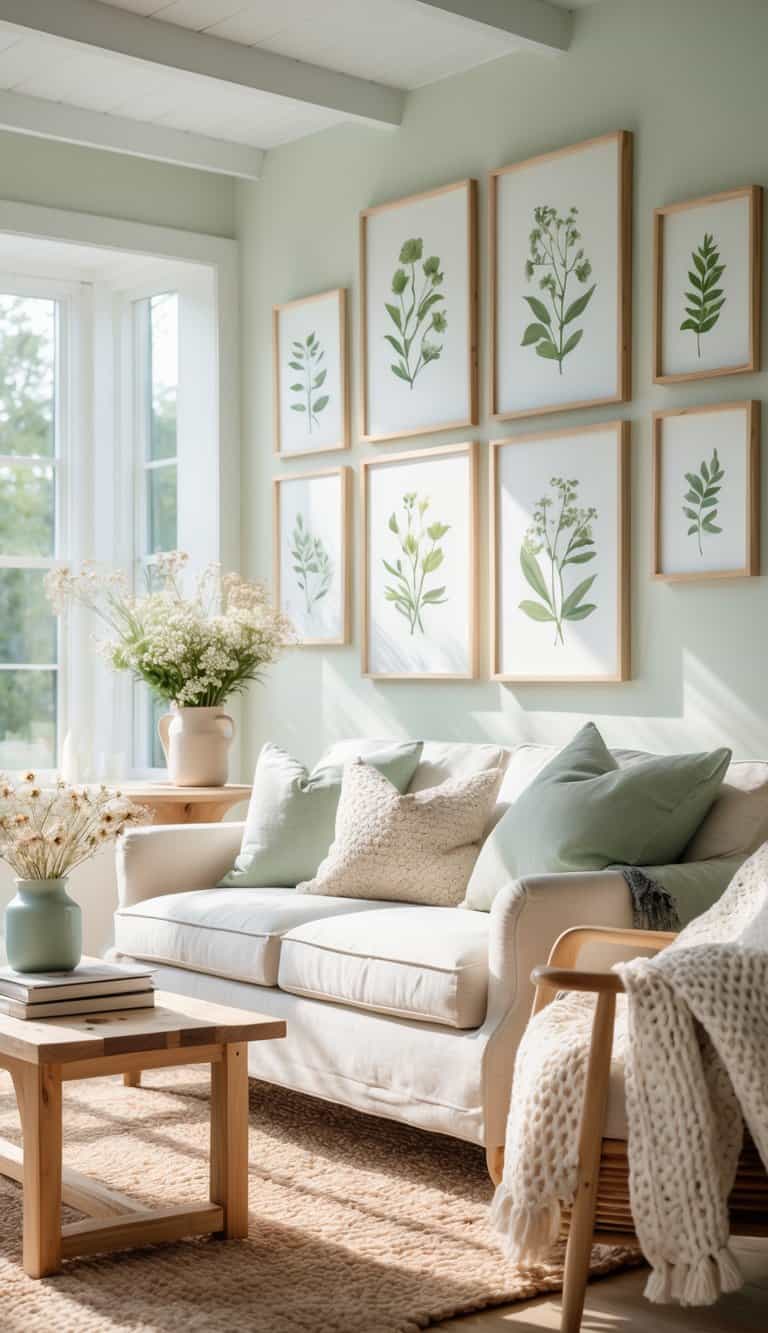 A bright living room with framed botanical prints on the walls, a comfortable sofa, wooden coffee table, and natural light filling the space.