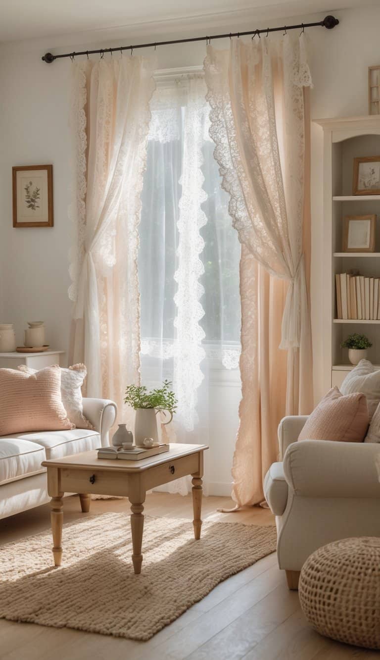 A bright living room with lace curtains letting in soft daylight, a comfortable sofa, wooden coffee table, bookshelf, and a woven rug, arranged neatly in a clean and inviting space.