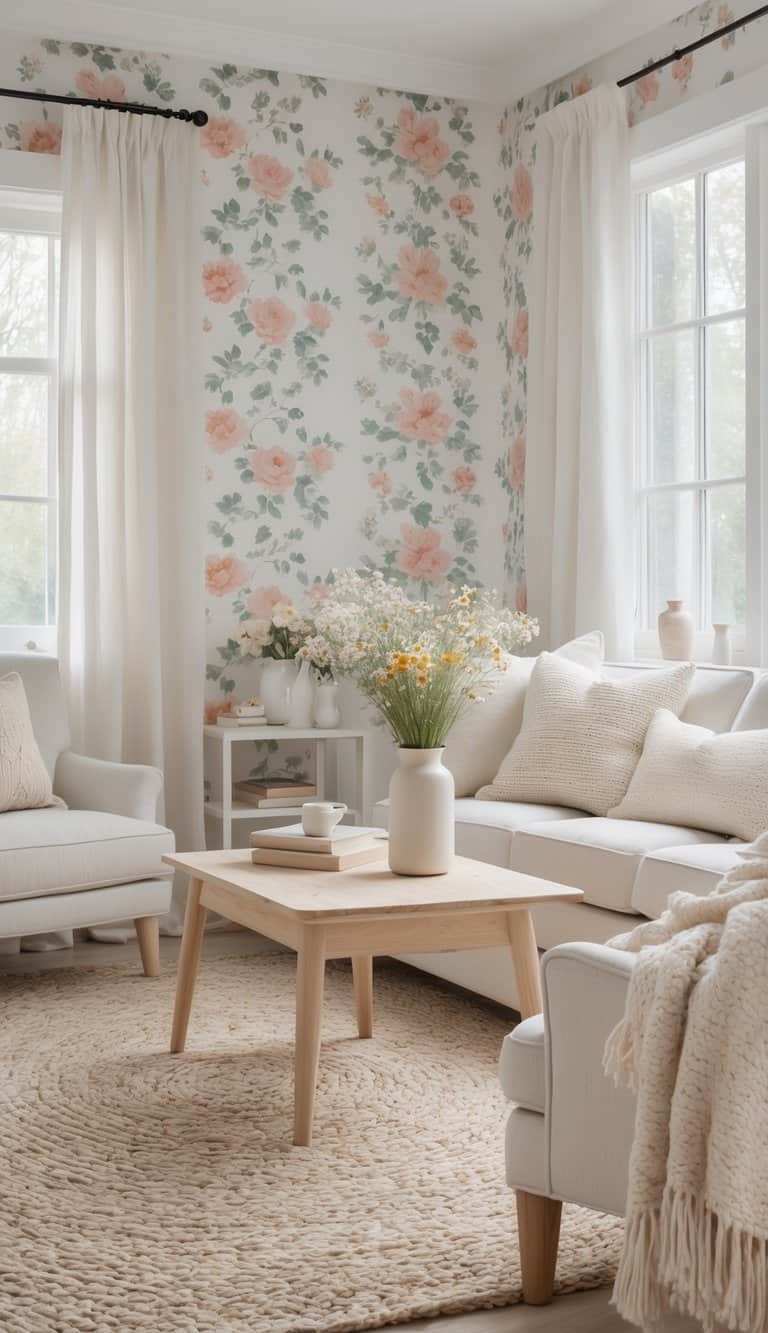 A bright living room with floral wallpaper, a cozy sofa, wooden coffee table with flowers, natural light from large windows, and soft pastel colors.