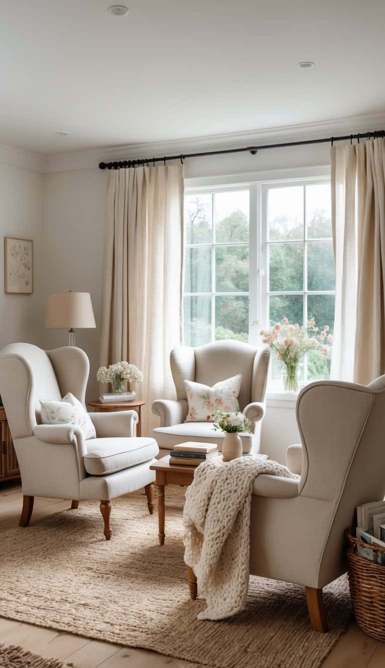 A bright living room with two wingback chairs covered in faded fabric, a wooden coffee table, a woven rug, and large windows letting in natural light.