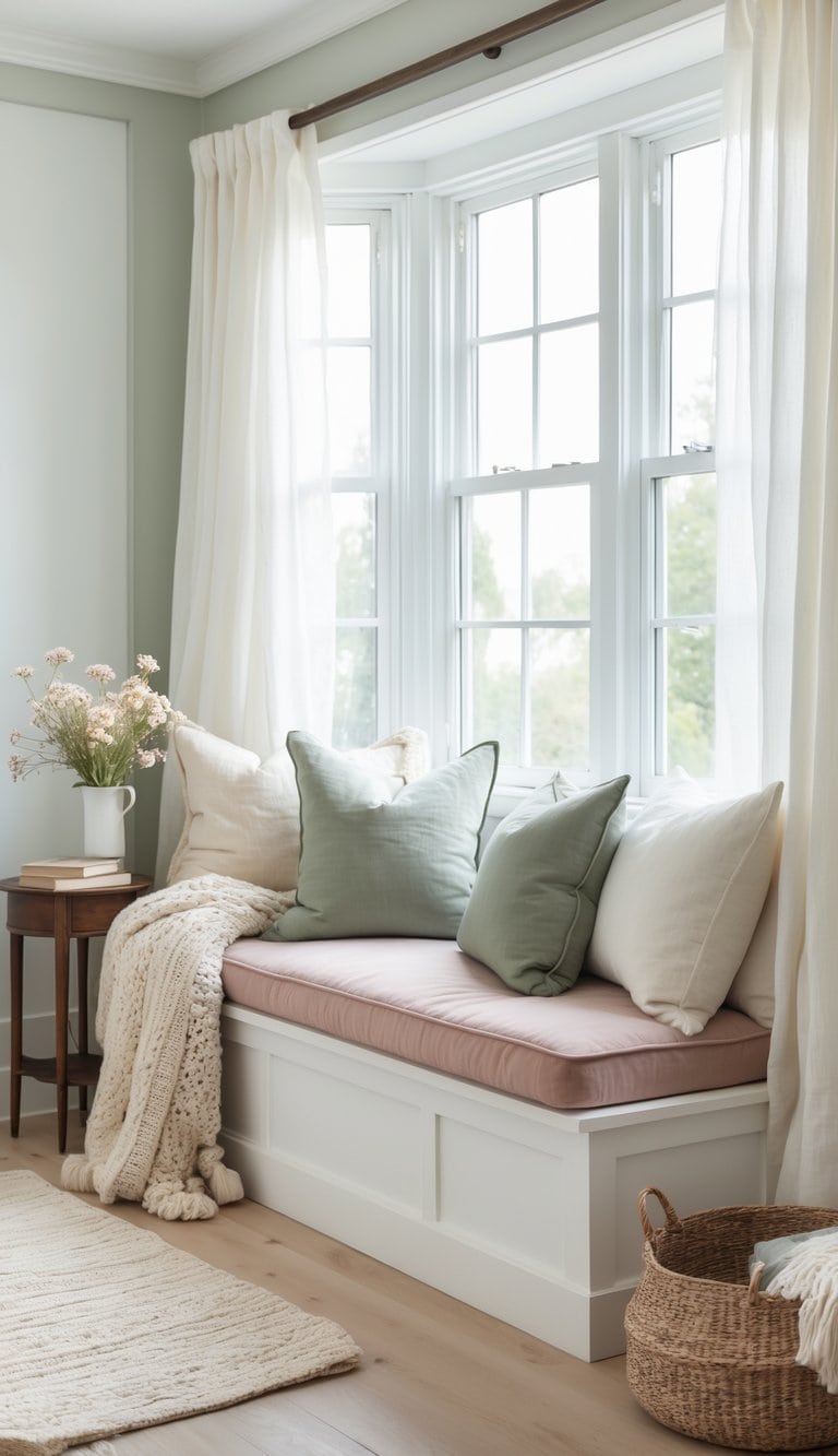 A bright living room corner with a built-in window seat covered in multiple cushions, a small wooden side table with flowers, and natural light streaming through sheer curtains.