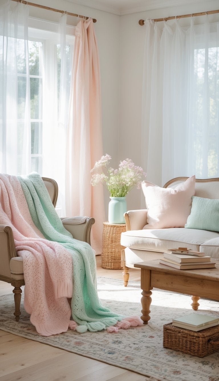 A bright living room with pastel knitted blankets on a wooden sofa and armchair, natural light from large windows, a wooden coffee table with flowers and books, and textured cushions on a light hardwood floor.