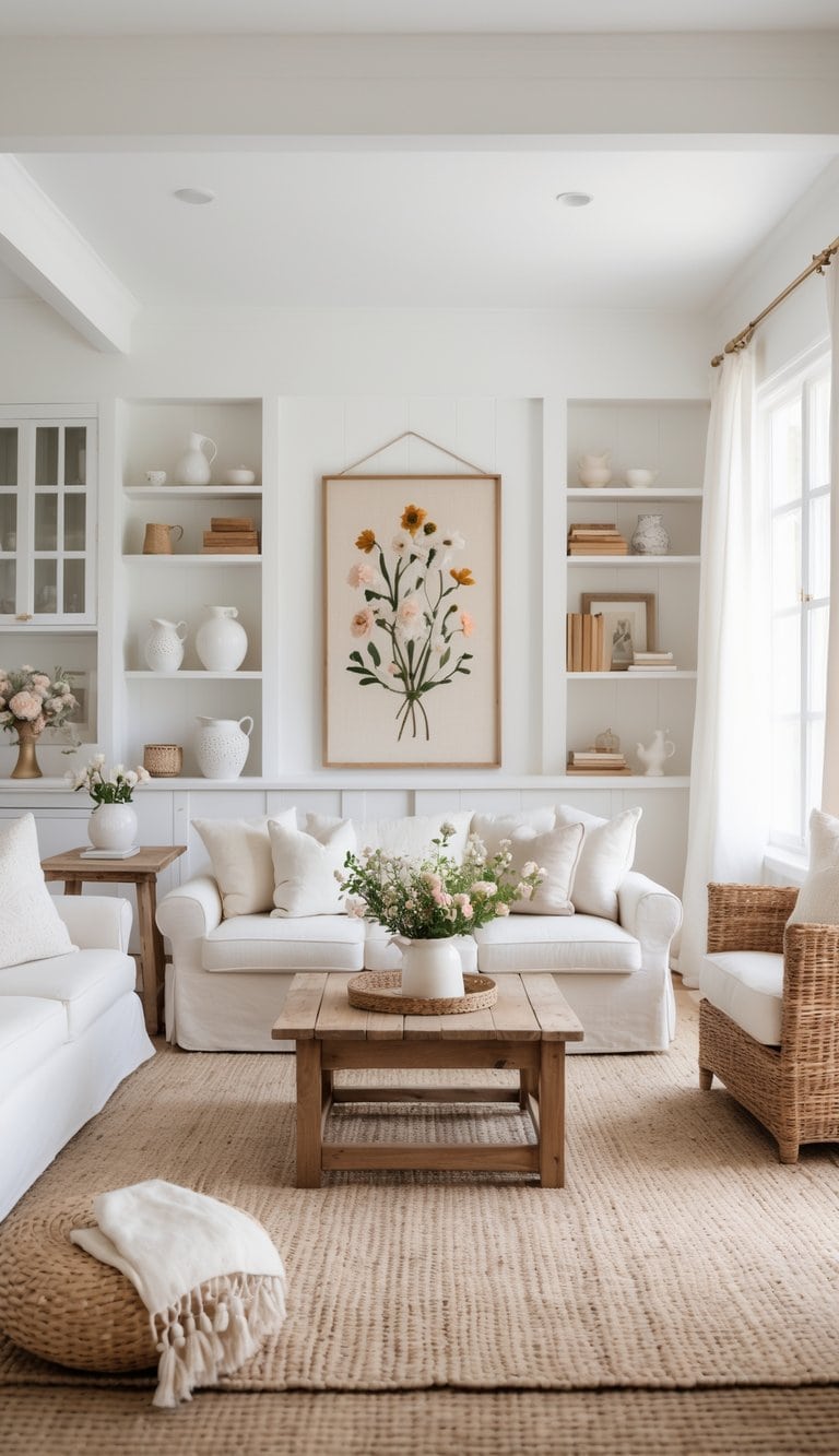 A bright living room with a framed floral embroidery on the wall, a linen sofa with pillows, a wooden coffee table with flowers, and a woven rug on the floor.