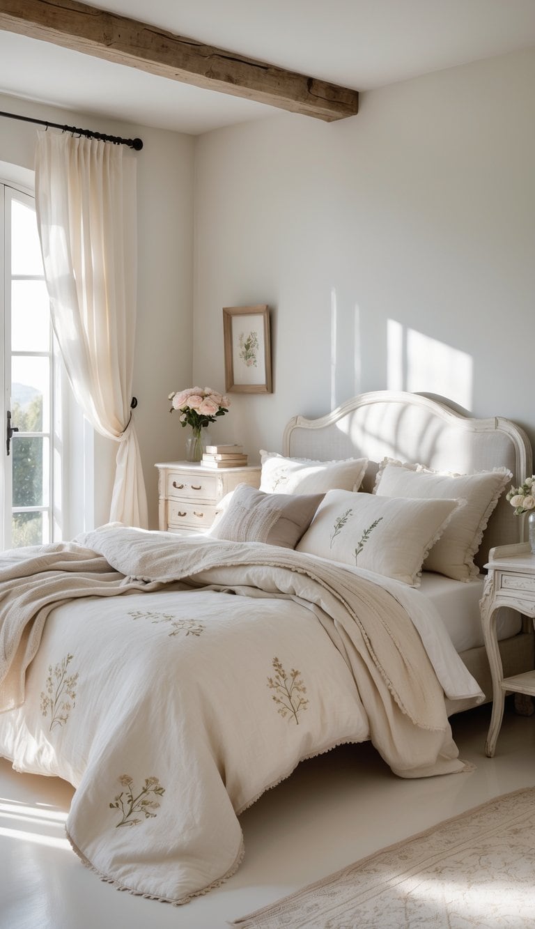 A bright bedroom with a neatly made bed featuring embroidered linens, wooden furniture, and soft natural light coming through sheer curtains.