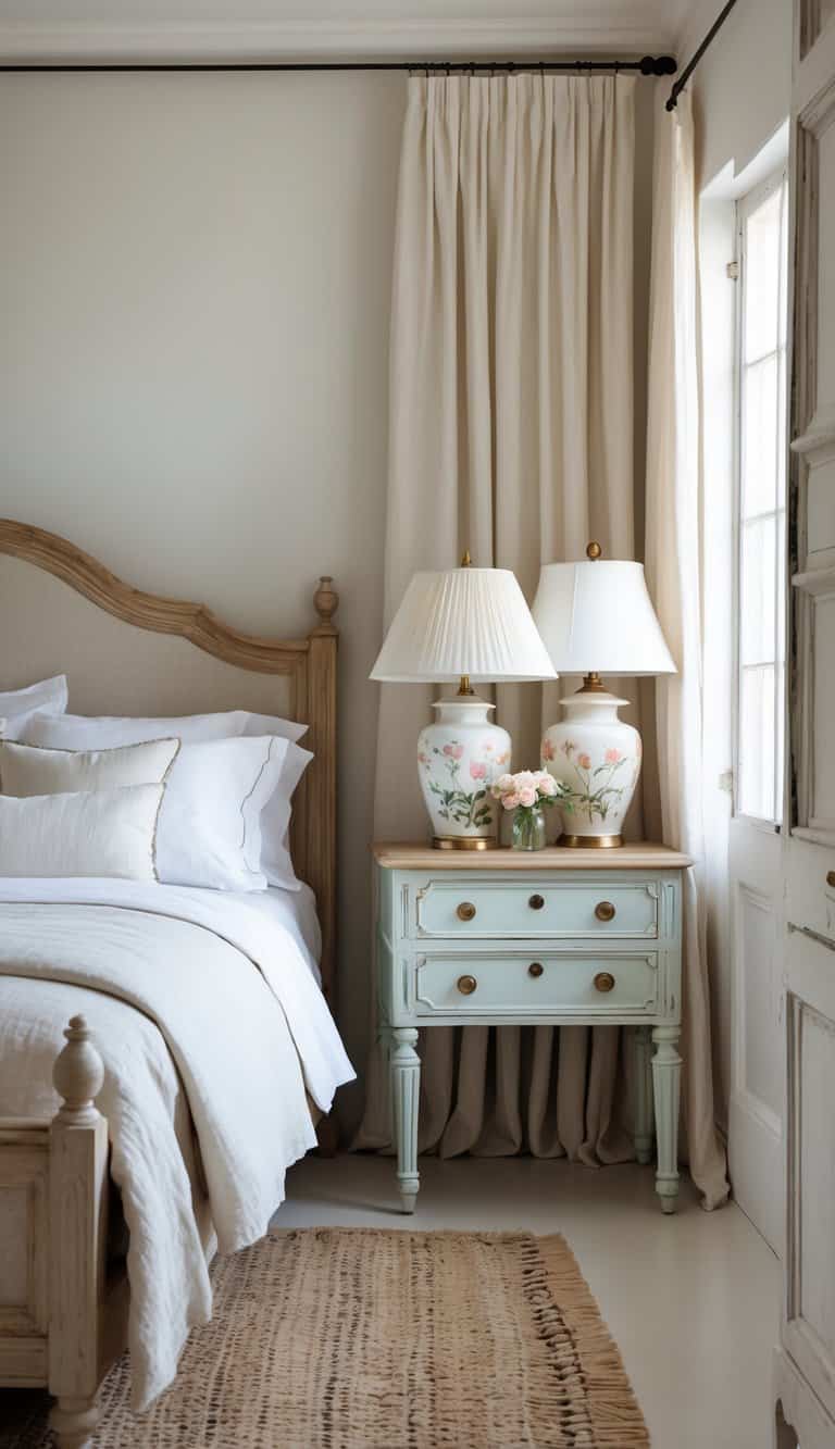 A bright bedroom with a wooden bed, hand-painted ceramic bedside lamps, and soft natural lighting illuminating a clean and cozy space.