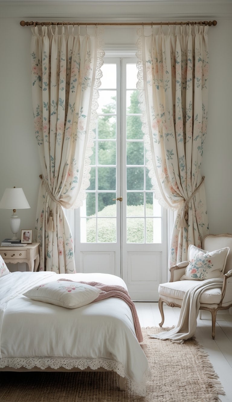 A bright bedroom with floral lace-trim curtains, a neatly made bed, wooden furniture, and soft natural light filling the room.