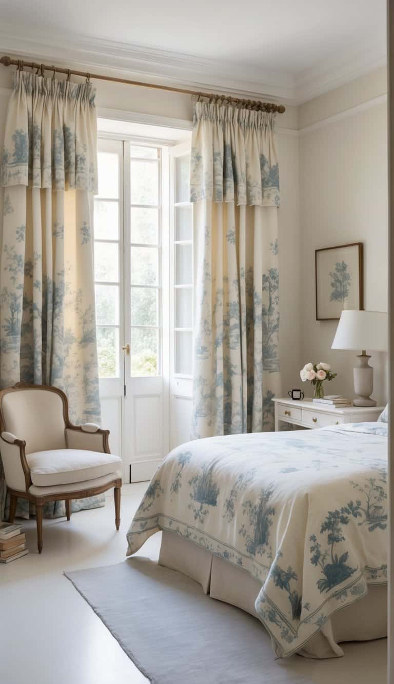 A bright and tidy bedroom with patterned curtains, a made bed, a bedside table, and a cozy armchair, illuminated by natural light.