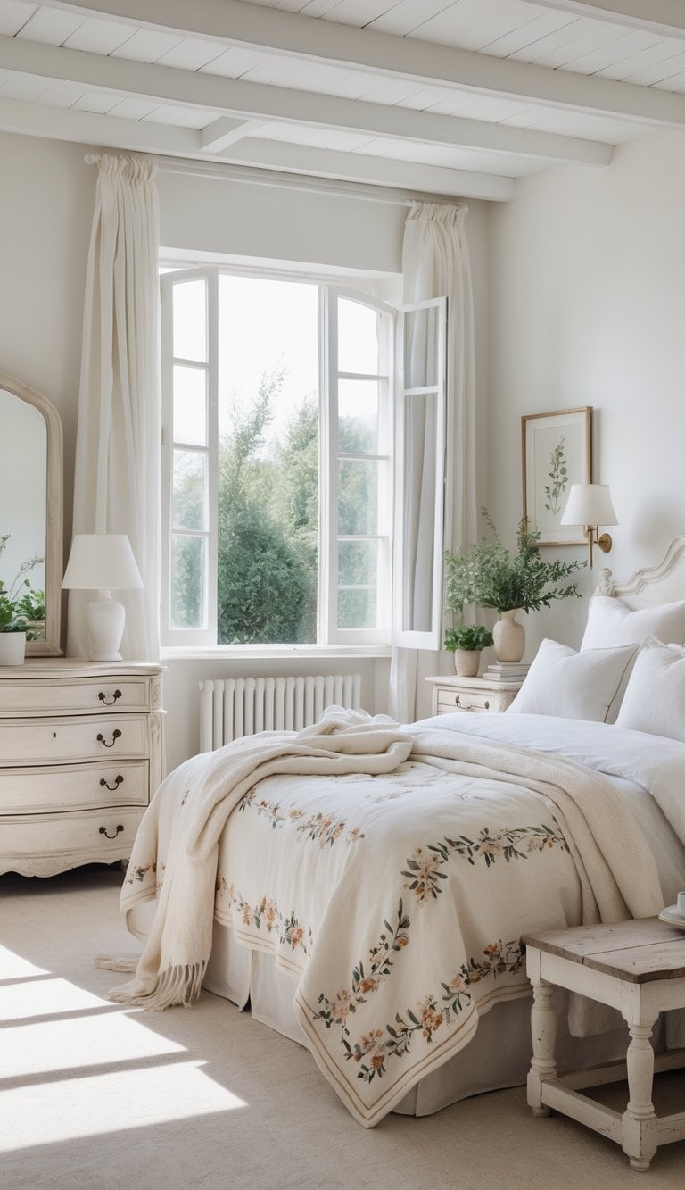 A bright bedroom with a neatly made bed featuring embroidered throw blankets, wooden furniture, and natural light coming through large windows.