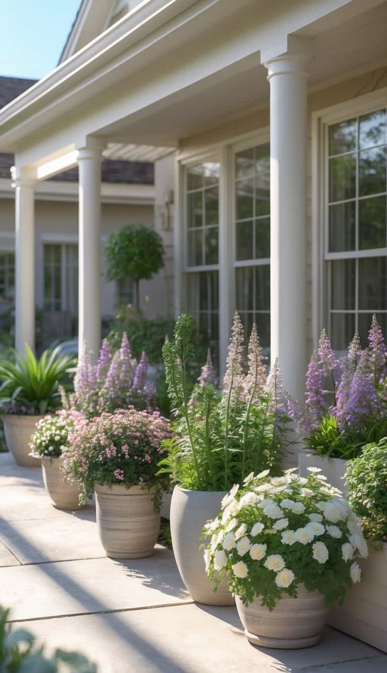 A residential patio with potted perennial flowers arranged on the ground and on a small table, illuminated by bright natural light.