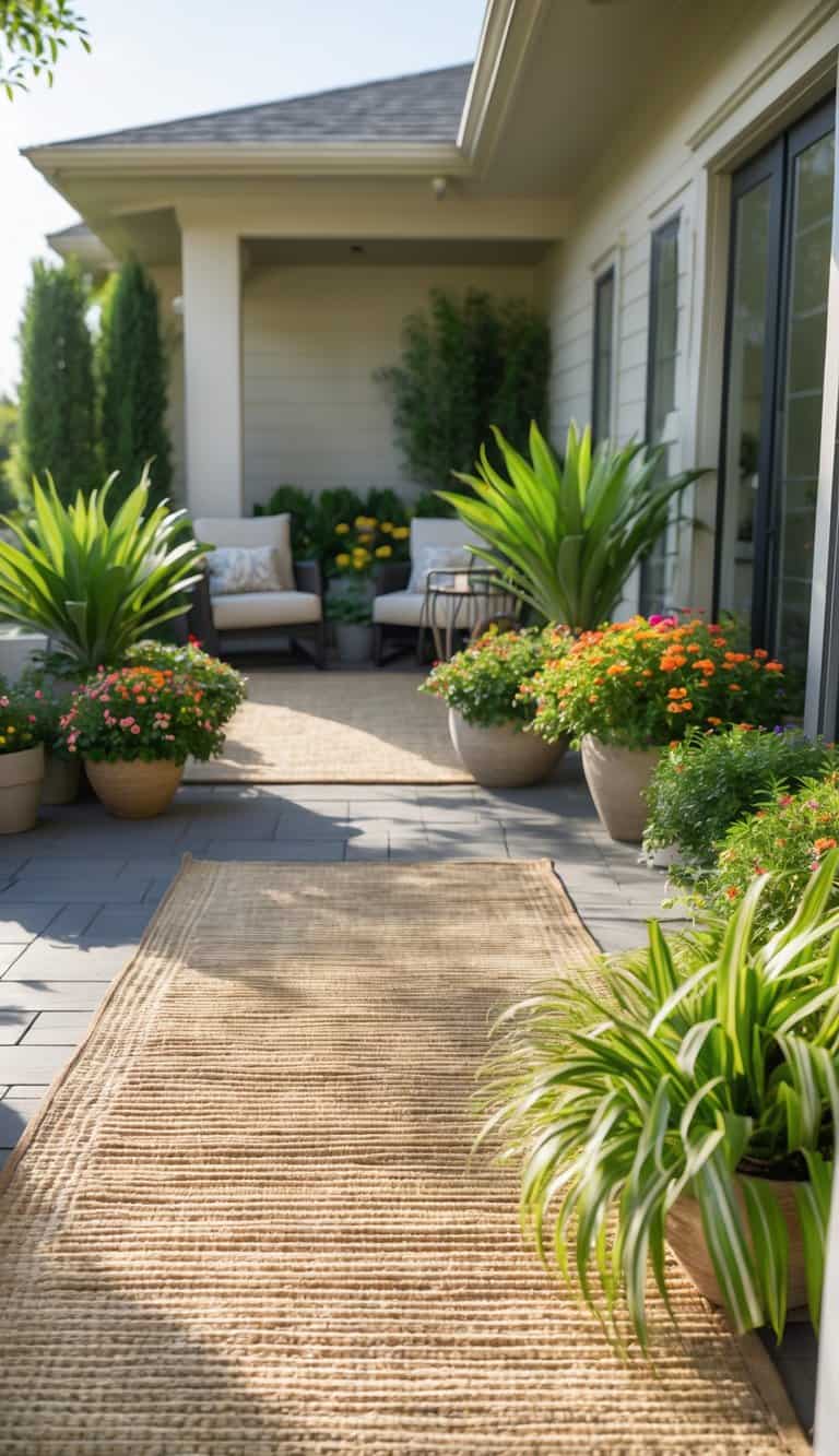 A home patio with woven outdoor rugs, potted plants, flowers, and outdoor seating under bright natural light.