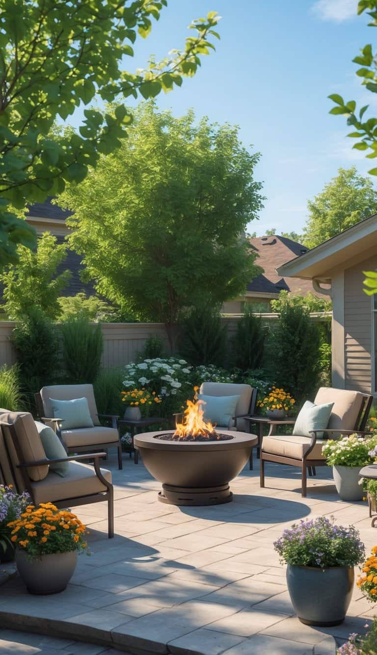 A residential patio with a fire pit surrounded by cushioned chairs, plants in pots, and bright natural light.