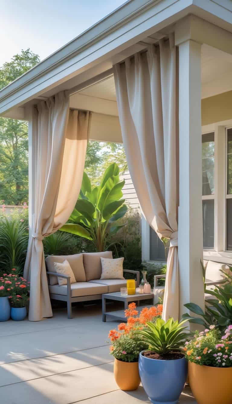 A residential patio with weather-resistant curtains, potted plants, and comfortable seating under bright natural light.
