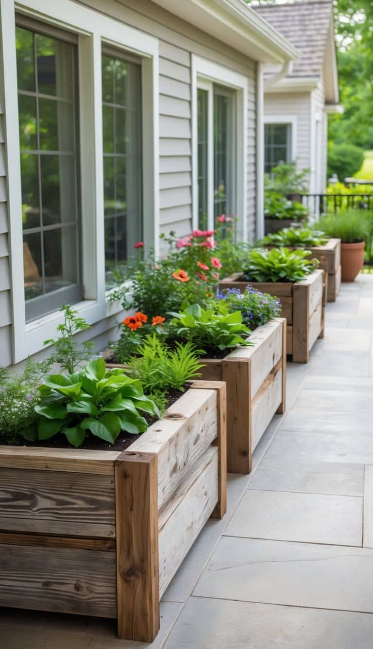 A residential patio with rustic wooden planter boxes filled with plants and flowers in bright natural light.