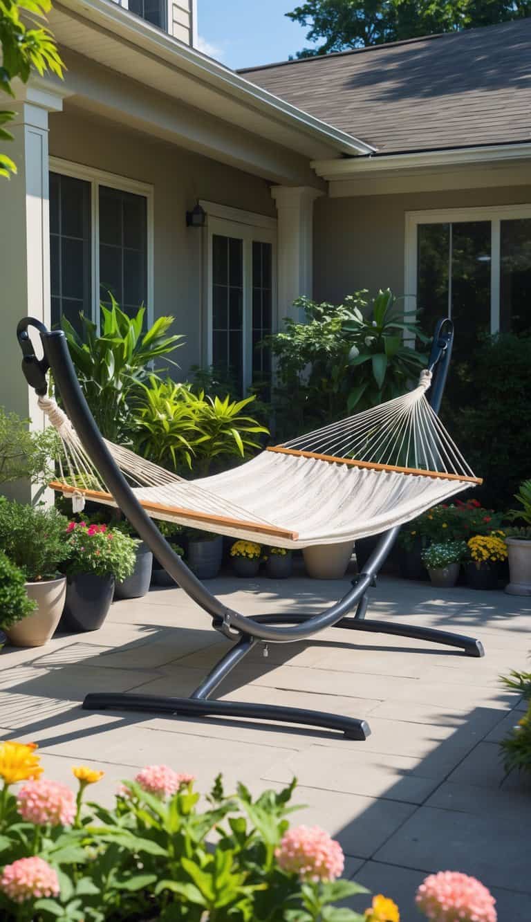 A residential patio with a hammock on a stand surrounded by plants and flowers in pots, bathed in bright natural light.