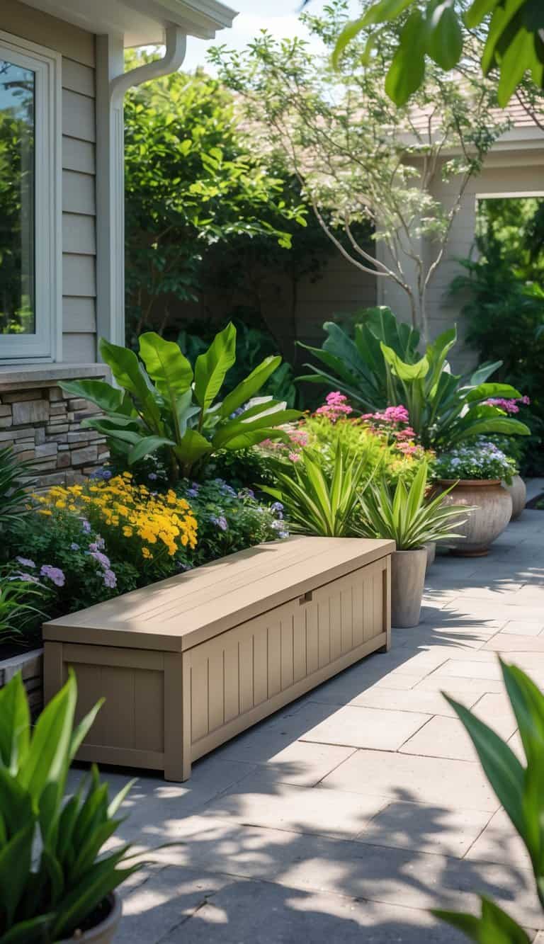 A residential patio with a wooden outdoor storage bench surrounded by potted plants and flowers in bright daylight.