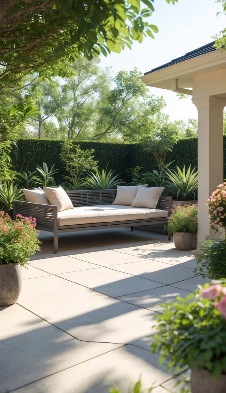 A residential patio with an outdoor daybed surrounded by plants and flowers in pots, bathed in bright natural light.