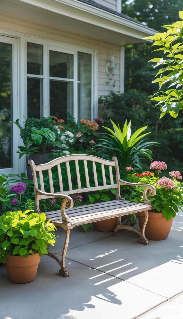 A residential patio with an antique-style garden bench surrounded by potted plants and flowers in natural daylight.