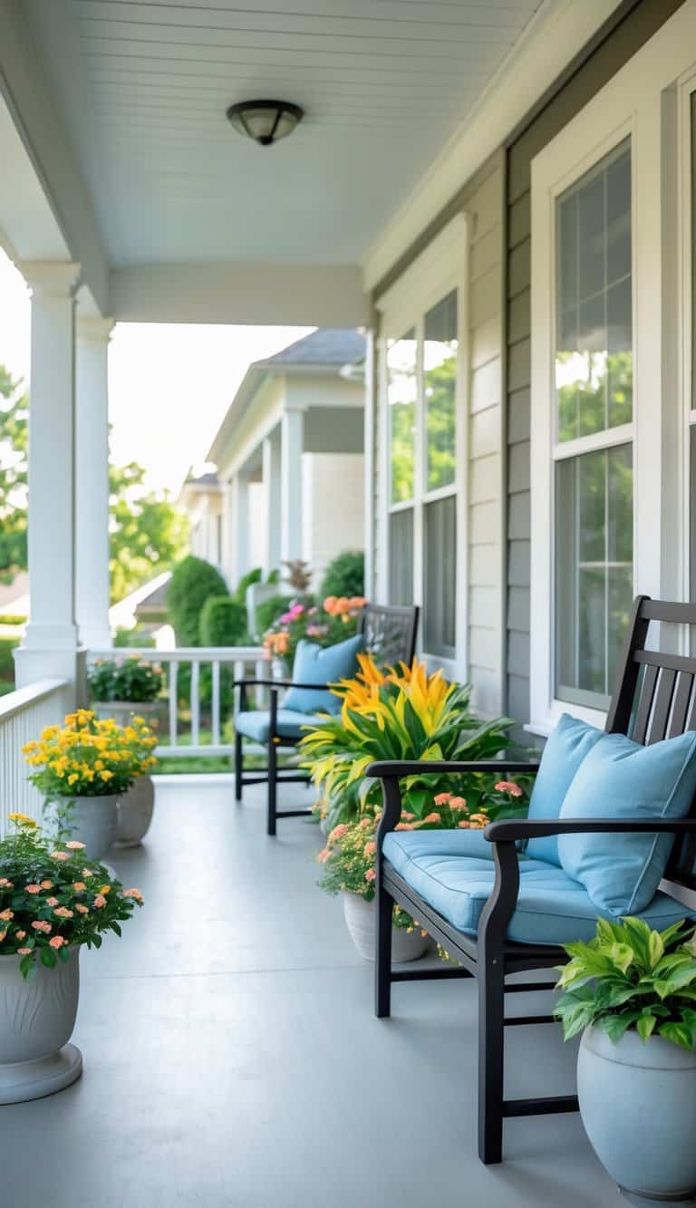 Front porch of a home with cushioned seating, potted plants, and flowers in bright natural light.