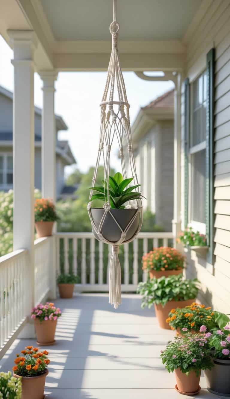 Front porch of a home with a hanging macrame plant holder and several potted plants and flowers arranged neatly in natural daylight.
