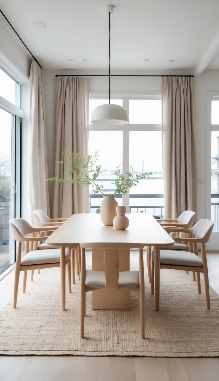 A bright, clean dining room with a wooden table, chairs, a woven rug, and natural light coming through large windows.