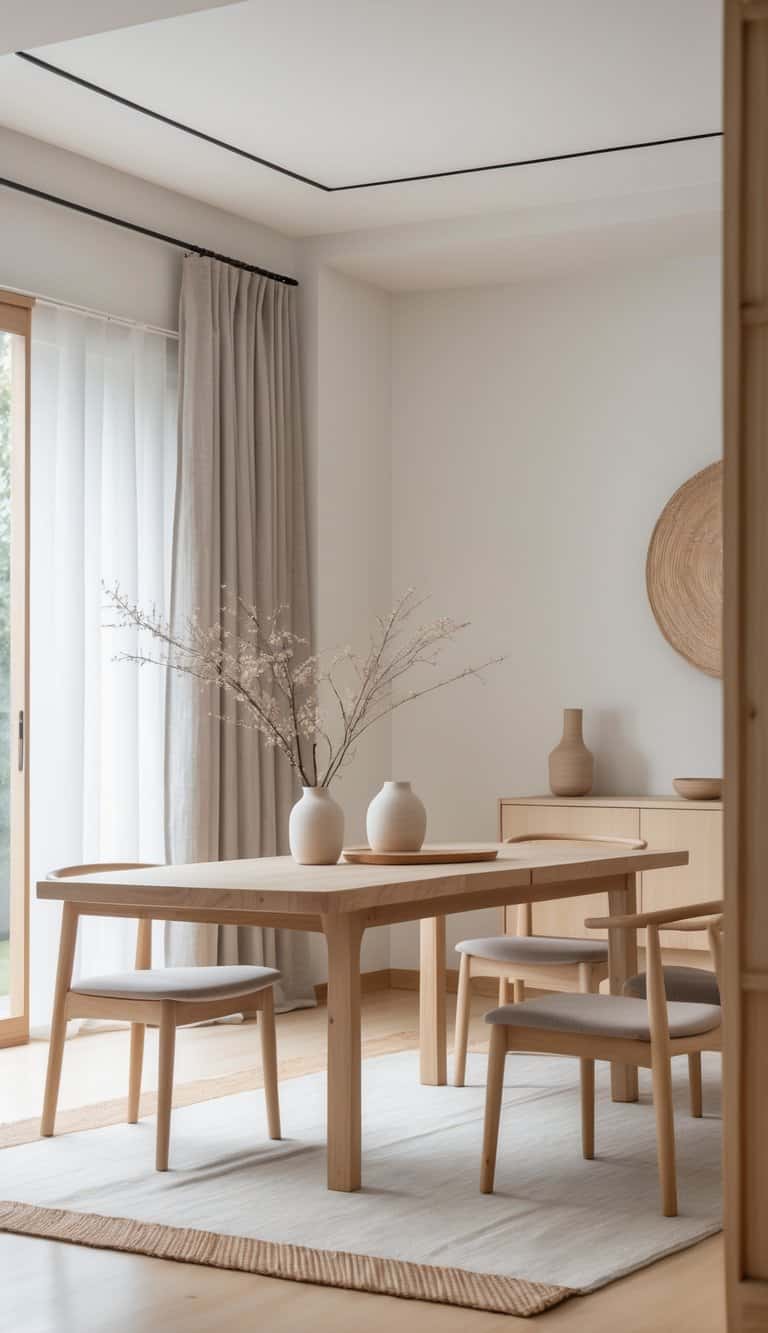 A modern dining area featuring a light wood table surrounded by four chairs, with a decorative vase of branches on the table. There are sheer curtains by a window allowing natural light in, and a rattan wall hanging complements the minimalist decor.
