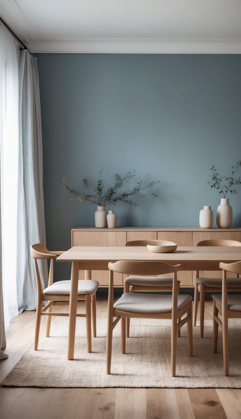 A bright dining room with a muted blue accent wall, wooden dining table, chairs with cushions, a sideboard with decorative items, natural light, and a clean, cozy atmosphere.