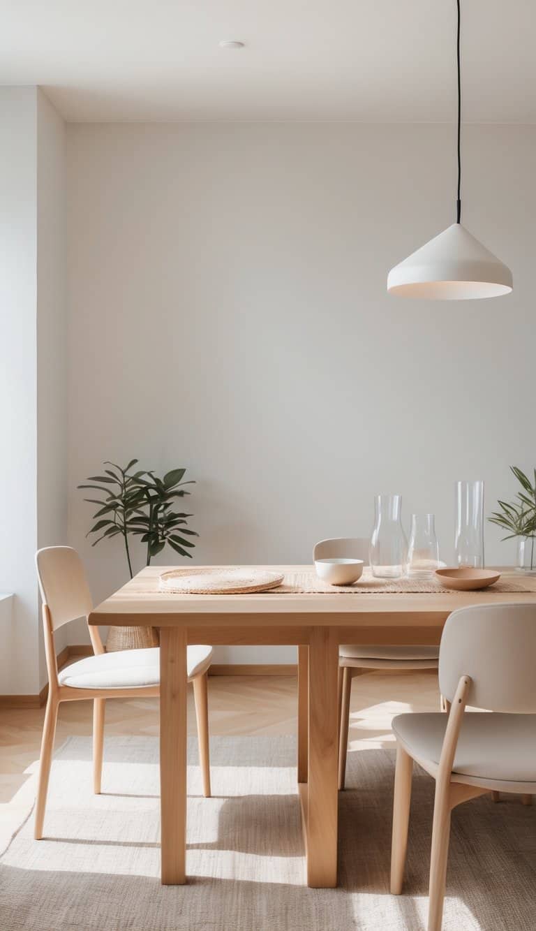 A bright dining room with a wooden table and chairs, minimalist glassware on the table, natural light filling the space, and simple decor elements creating an inviting atmosphere.