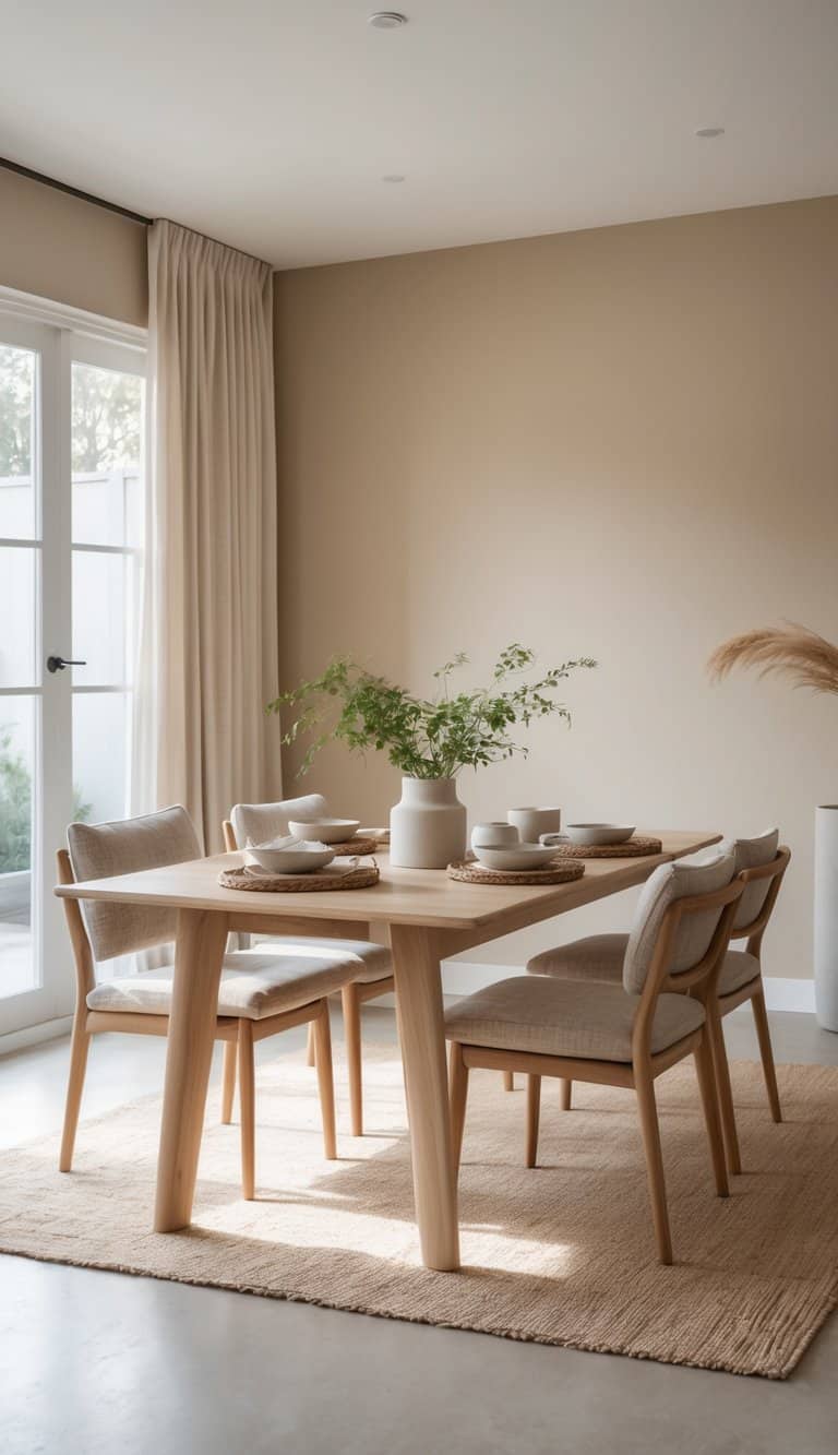 A bright dining room with soft beige walls, a wooden dining table, chairs with cushions, natural light, and simple decor creating a clean and inviting space.