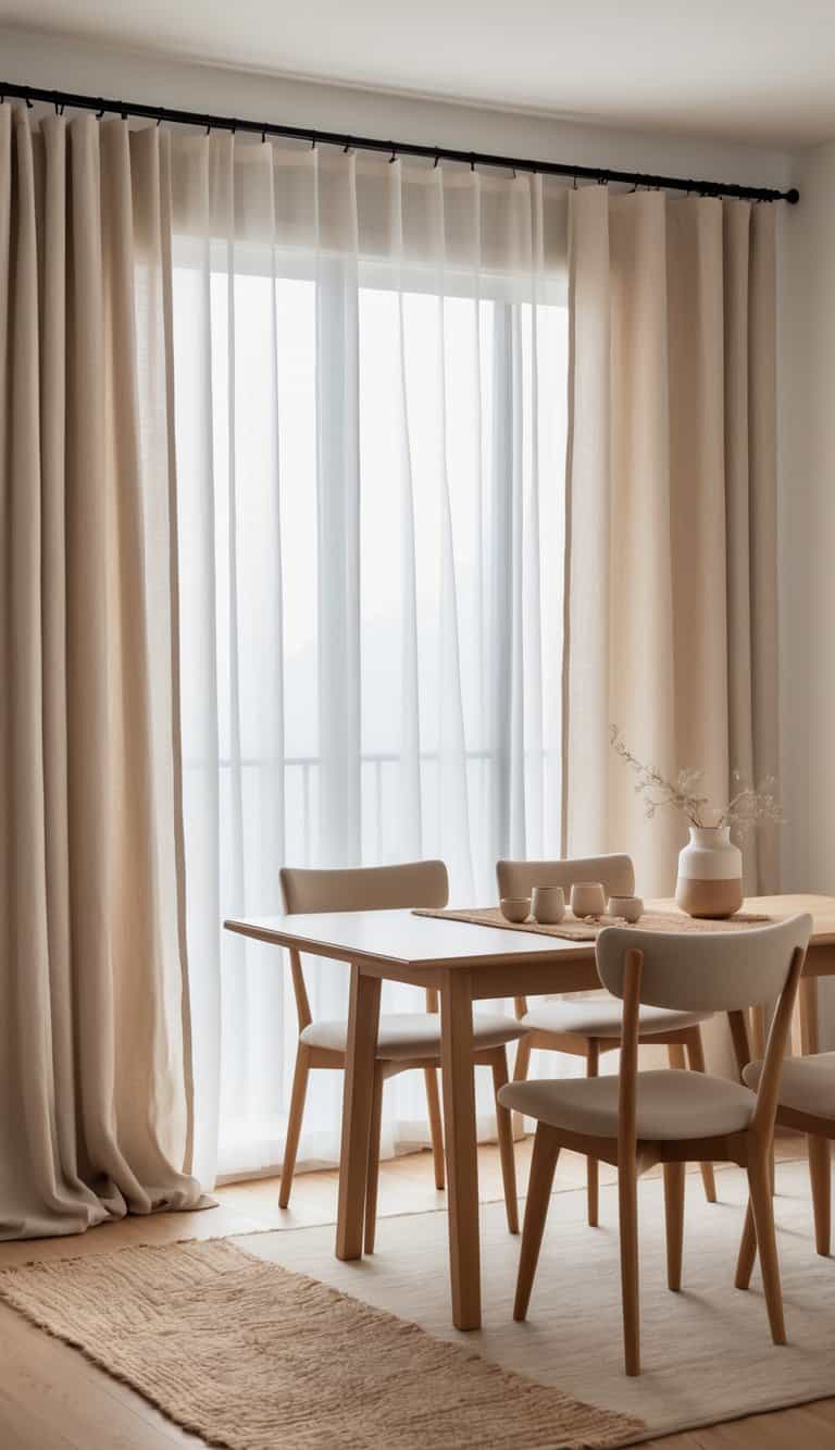 A dining room with a wooden table, neutral fabric curtain panel, chairs, and natural light filling the space.