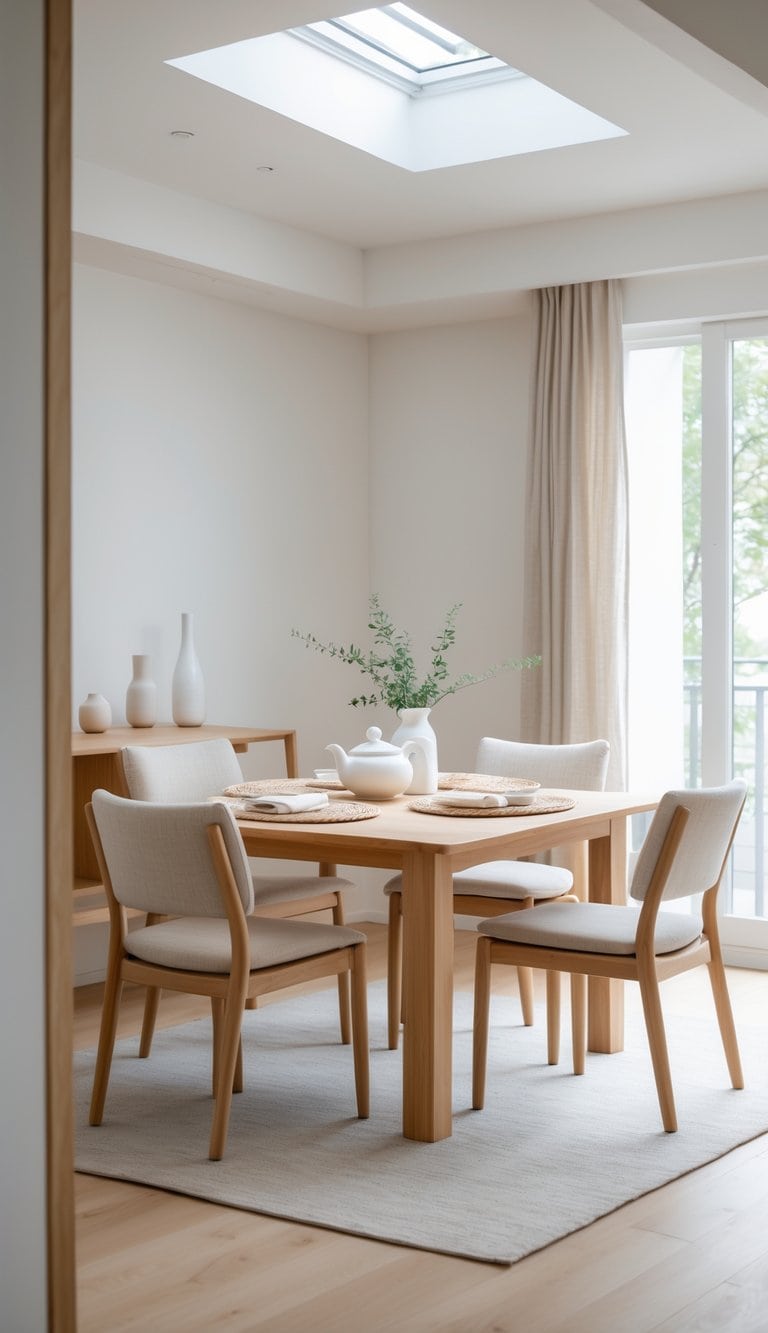 A bright dining room with a wooden table set with a white ceramic teapot, surrounded by simple chairs and soft cushions, featuring natural light and minimal decor.