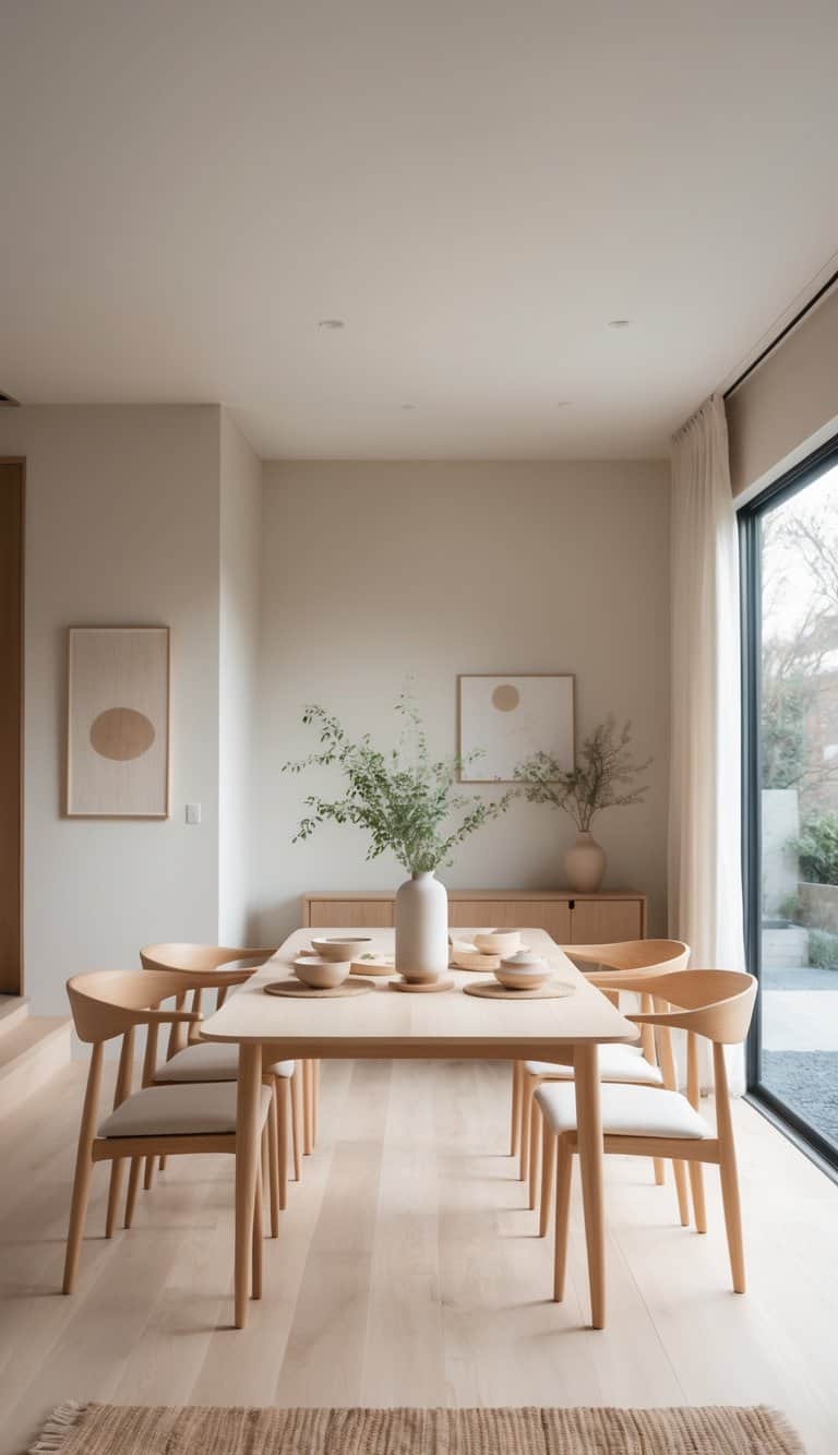 A bright dining room with light ash wood flooring, a wooden dining table surrounded by chairs, natural light, and simple decorative elements creating a clean and inviting space.
