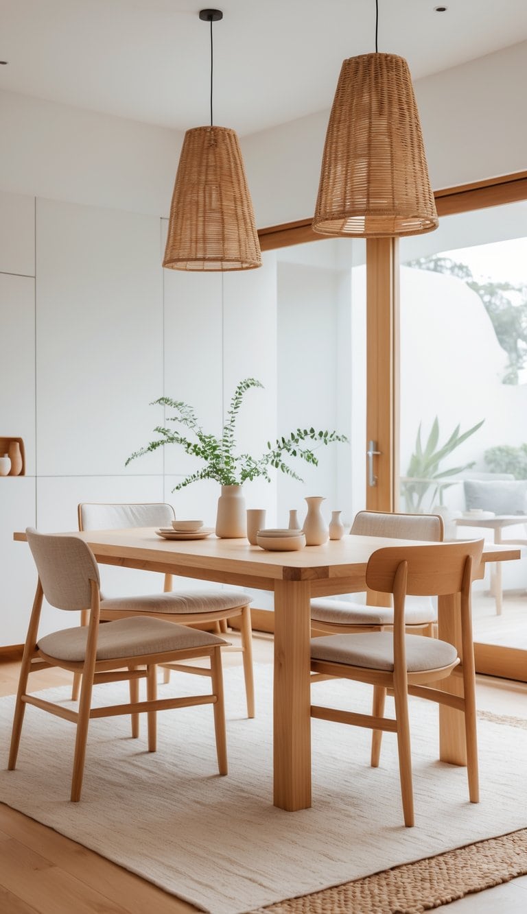 A bright dining room with a wooden table, rattan pendant lampshades, minimalist chairs, and natural light coming through large windows.