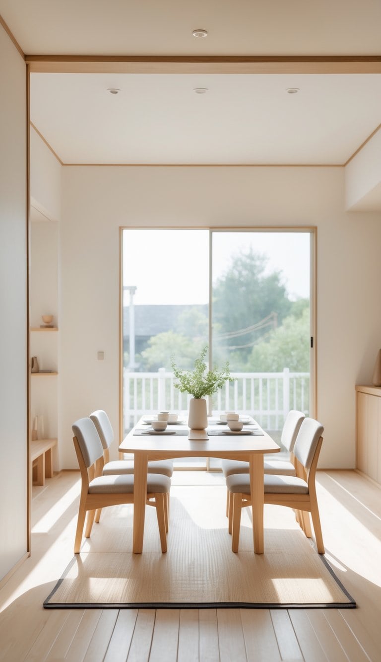 A bright dining room with a wooden table, chairs, and a tatami mat underneath, featuring natural light and a clean, inviting atmosphere.