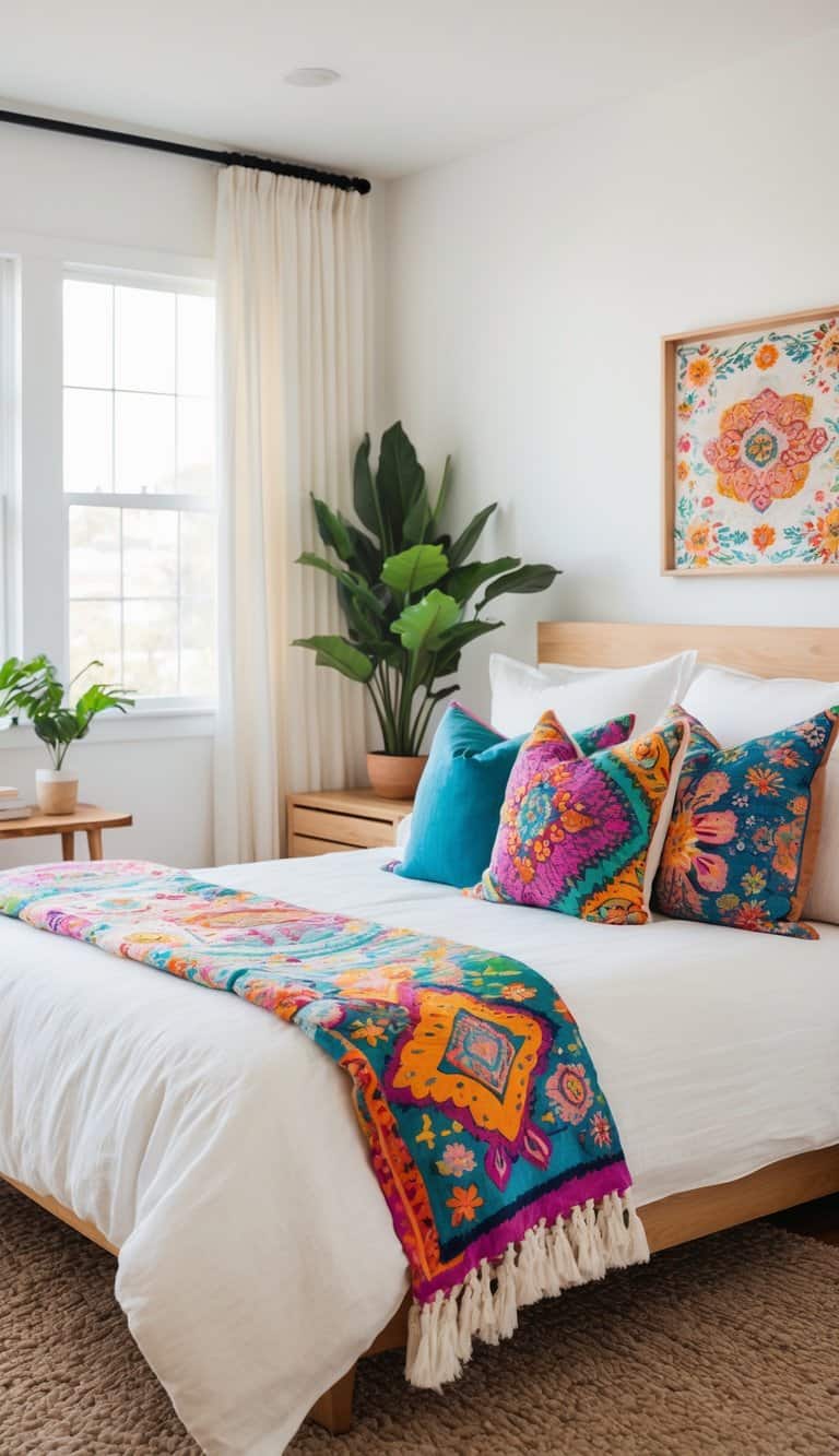 A bright and clean bedroom with a bed covered in colorful patterned pillows, wooden furniture, and natural light filling the room.