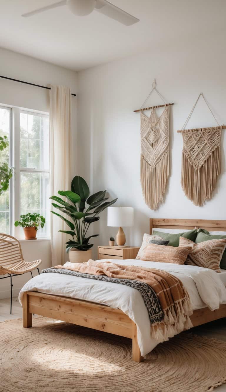 A bright bedroom with a wooden bed, textured textiles, a woven chair, potted plants, and natural light filling the clean, cozy space.