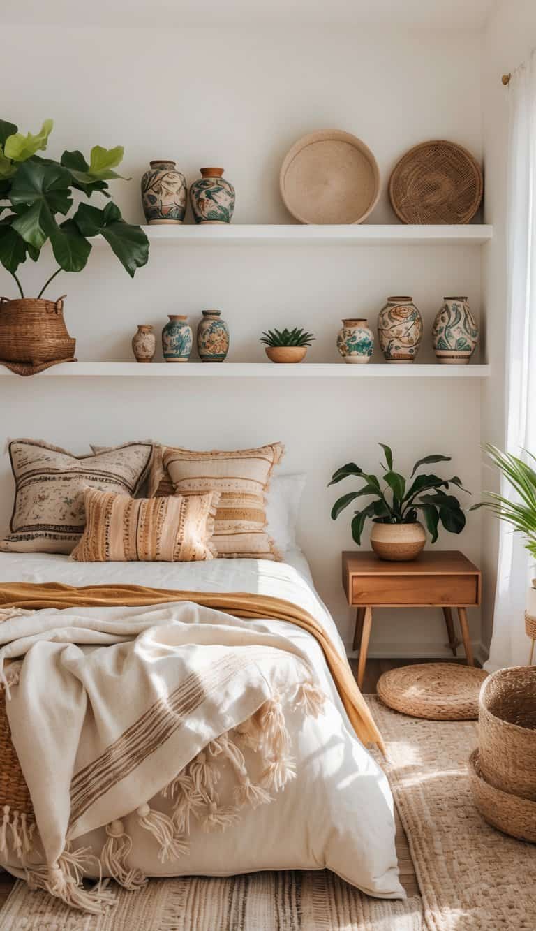 A bright and clean bedroom featuring shelves with hand-painted pottery, a neatly made bed, wooden furniture, woven rugs, and plants arranged in an inviting and cozy setting.